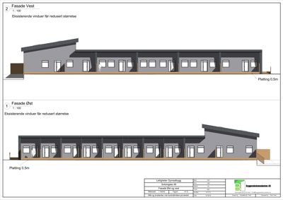 Fasadetegning som viser bygningens utseende sett fra vest og øst, inkludert vinduer, dører og plattinger.