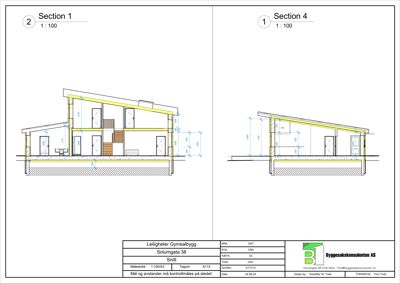Snittegning (Section 1 og Section 4) som viser tverrsnitt gjennom bygningen med mål og konstruksjonsdetaljer.
