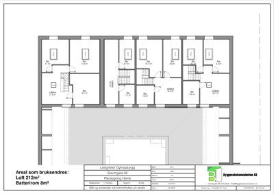 Plantegning som viser romfordeling, arealer og oppriss for leiligheter i Gynsalbygg.