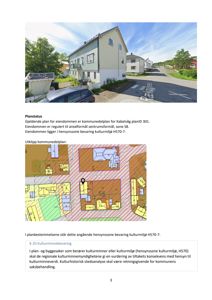 Dokumentet viser en situasjonsplan (tomtekart) med bygningsplassering, gatelengder og arealformål, samt en fotobilde av eiendommen og tekst om planstatus.