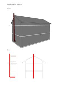 Bildet viser en 3D-modell av en bygning (Tore Hjørts gate 17) med en tilhørende snittegning som viser hvordan snittlinjen går gjennom modellen.