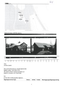 Bildet viser to foton av en hytte sett fra ulike vinkler, inkludert takkonstruksjon og omgivelser.