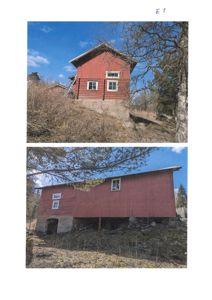 Fotografier av en rød bygning sett fra ulike vinkler (fra siden og fra fronten).