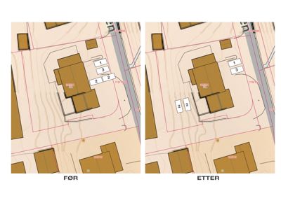 Situasjonsplan som viser to alternativer (FØR og ETTER) for plassering av nye bygninger på en tomt.