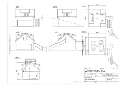Tegning som viser fasadeopprikk (SØR, NORD, VEST, ØST) og snitt (SNITT) av en garasje, samt en plan (PLAN) og et tomt (LOFT).