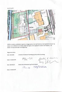 Situasjonsplan som viser tomtens grenser (Gbnr 39/1638 og 39/334), bygningers plassering, veier og grøntområder.