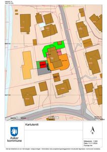 Kartutsnitt som viser et kart over et område med bygninger, veier og vannløp. Det er et kartutsnitt fra Asker kommune.
