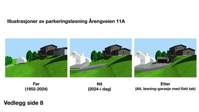 3D-visualiseringer (renderinger) som viser forslag til parkeringsløsning ved Årengveien 11A. Bildene illustrerer situasjonen 'Før', 'Nå' og 'Etter' med en alternativ løsning for garasje.