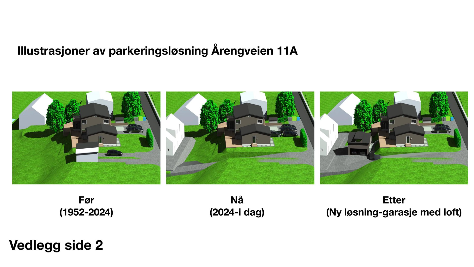 3D-visualiseringer (renderinger) som viser før-etter-liknende situasjoner for en parkeringsløsning ved Årengveien 11A.
