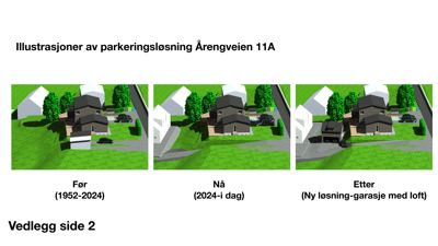 3D-visualiseringer (renderinger) som viser før-etter-liknende situasjoner for en parkeringsløsning ved Årengveien 11A.