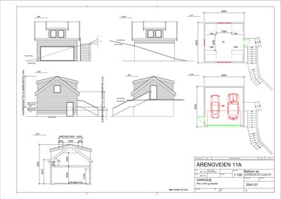 En tegning som viser fasadeoppsett, snitt og plan for en garasje. Tegningen inneholder mål, oppriss og detaljer for både front- og sidefasade.