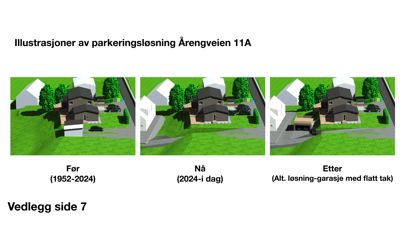 3D-visualiseringer (renderinger) som viser forslag til ny parkeringsløsning for eiendommen på Årengveien 11A. Bildene illustrerer situasjonen 'Før', 'Nå' og 'Etter' med en alternativ løsning.