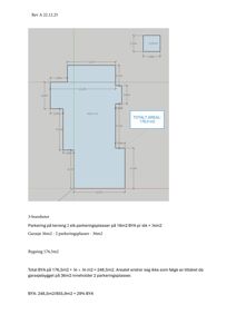 Etasjeplan med romfordeling og dimensjoner for en bygning, inkludert beregnet areal (176,5 m²) og tilhørende tekst om BYA-beregning.