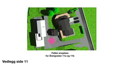 3D-visualisering (rendering) av tomt med bygninger, gress og veier sett fra oven.