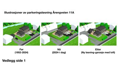 3D-visualisering (illustrasjon) som viser forslag til ny parkeringsløsning med garasje og loft ved Årengveien 11A.