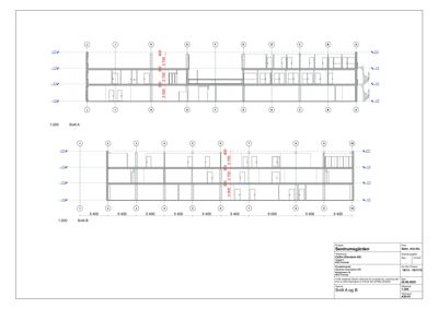 Tegning som viser tverrsnitt gjennom bygningen (Snitt A og B) med romfordeling, høyder og konstruksjonsdetaljer.