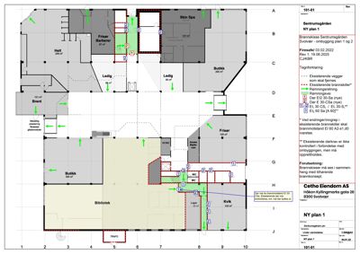 Etasjeplan (Svolvær) med romfordeling, arealoppdelinger og brannkonseptet for Sentrumsgården.
