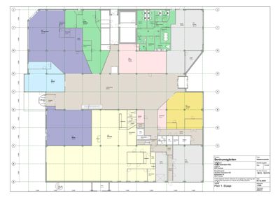 Etasjeplan (Plan 1) som viser romfordeling, funksjoner og arealer for et bygg.