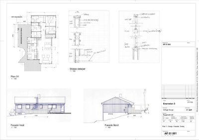 Et sammensatt arkitekttegningssett som viser etasjeplan (Plan 01), fasadetegninger (Vest og Nord) og skisse detaljer for en bygning.