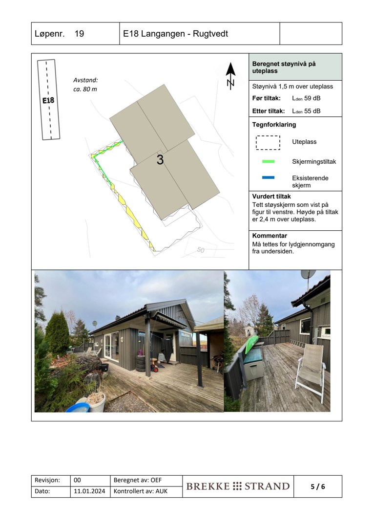 Fotografier av uteplass og terrasse foran en hytte, inkludert en tegning over beregnet støynivå.
