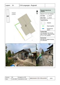 Fotografier av uteplass og terrasse foran en hytte, inkludert en tegning over beregnet støynivå.