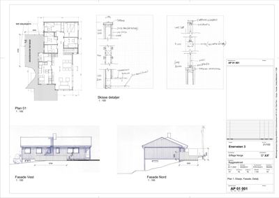 Et sammensatt arkitekttegningssett som viser etasjeplan (Plan 01), fasadetegninger (Vest og Nord) og skisse detaljer for en bygning.