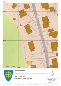 Situasjonskart som viser tomt, eiendomsgrenser, naboeiendommer og infrastruktur for Gnr. 21, bnr. 153, Enerveien 3, 3960 Stathelle.