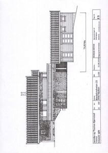 Fasadetegning som viser bygningens utseende og detaljer sett fra siden.
