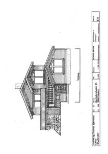 Fasadetegning av en bolig sett fra siden, med tegningsnummer E4 og opplysninger om oppdragsgiver og arkitekt.