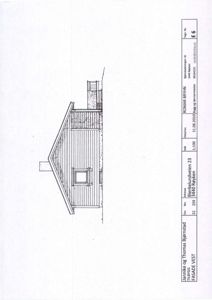 Fasadetegning av en bygning sett fra siden (vest), med detaljer om tak, vegger og vinduer.