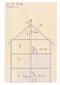 Håndtegnet oppriss (fasade) av en bygning med høydemål, takform og plassering av ovner.