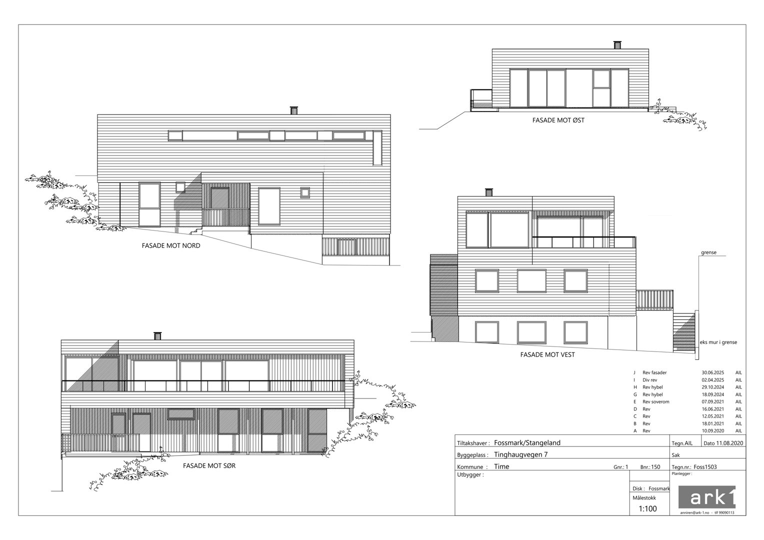 Fasadetegning som viser bygningens utseende fra fire ulike vinkler (Nord, Sør, Øst og Vest).