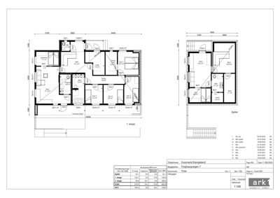 Etasjeplaner (1. etasje og kjeller) med romfordeling, dimensjoner og arealoppdelinger.