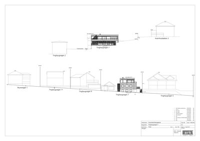 Fasadetegning som viser bygningene sett fra en side (Tinghaugvegen), med høydemål og nabohus.