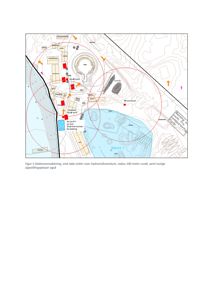 Kart som viser et område med bygninger, vann (Deport 1), og overlappende røde sirkler som representerer sikkevannssdekning fra hydranter og brannkummer.