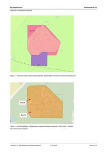 Bildet viser to kartutsnitt (fra kommunekart.com) som illustrerer arealbruksplaner (deponisone) og bygningssoner (BAS3, BAS4) for et prosjekt.