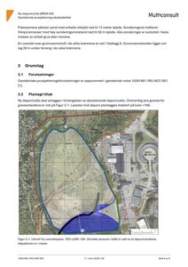 Situasjonsplan som viser plassering av ny deponicelle i forhold til eksisterende bygninger (BAS1, BAS2, BAS3) og terrengforhold. Planen inkluderer høydekoter og områder for gravearbeider.