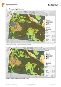 Kart som viser arealdeling (land cover) for et område, med statistikk over ulike arealtyper som vegetasjon, bygg og vann.