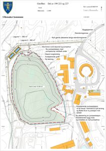 Situasjonsplan som viser tomtens beliggenhet, høydemålinger (konturer), eksisterende og planlagt bebyggelse, samt grenser for eiendom og byggegrense.