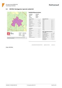 Kart over nedbørsfeltet med overlagte hydrologiske data og parametertabeller.