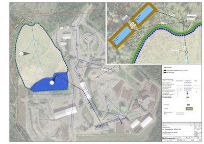 Situasjonsplan som viser tomtens grenser, eksisterende og planlagt infrastruktur (rørledninger, pumper) i forhold til omgivelsene.