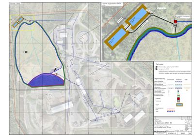 Situasjonsplan som viser tomtens grenser, eksisterende og planlagt infrastruktur (rørledninger, pumpestasjoner) i forhold til omgivelsene.