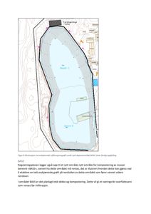 Situasjonsplan som viser et deponiområde (Depont 2 og 3) med omgivende terrengkonturer, vannrenseløsninger (avskjerende infilttrasjonsgrøft) og plassering av bygninger.