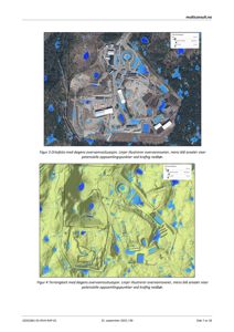 Bildet viser to kart (ortofoto og terrengkart) som illustrerer en overvannssituasjon med overlagte data om vannveier og oppsamlingssoner.