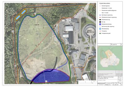 Situasjonsplan som viser eiendomsgranser, eksisterende og nye koter, vegforhold og arealformål for et prosjekt.