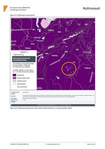 Kart over et område med infiltasjonspotensial (lansdekkende) og en markert bygningsplassering (sirklet i oransje).
