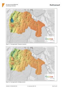 Kart med terrengmodell (fargekart) som viser høydeforskjeller og topografi i et område.
