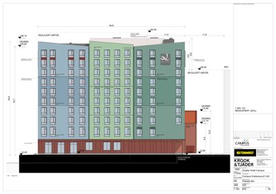 Fasadetegning som viser bygningens ytre utseende, høyder, vindusoppsett og fasadematerialer.
