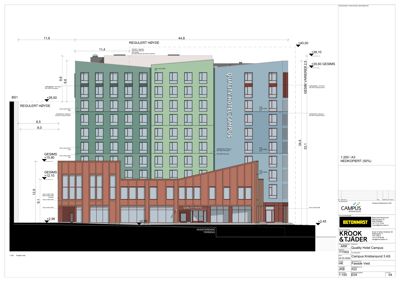 Fasadetegning som viser bygningens utseende, høyder, vinduer og fasadefarger.