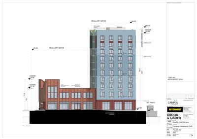 Fasadetegning som viser bygningens utseende sett fra siden, med angitte høyder, etasjer og materialer.